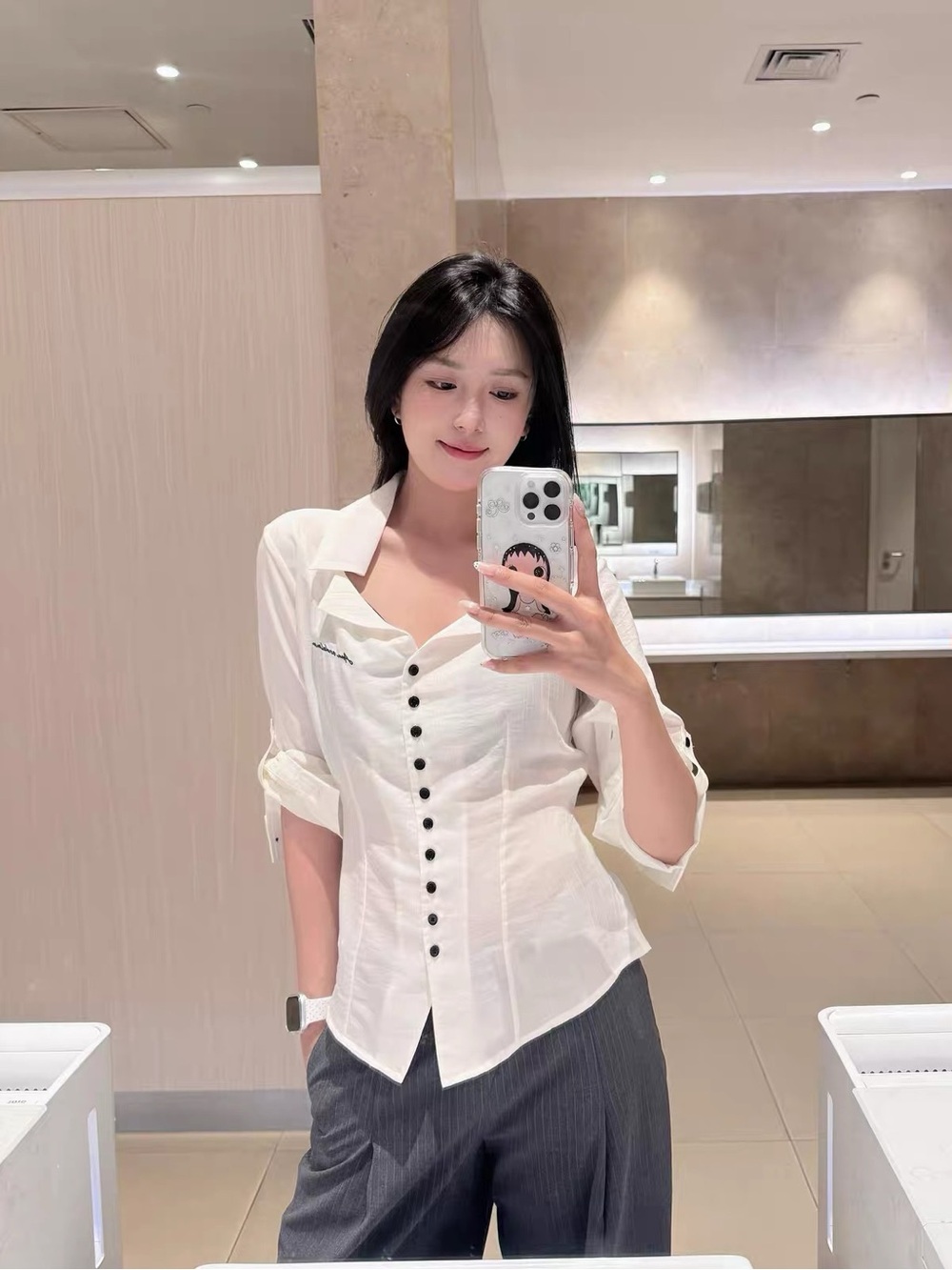 Tailored White Button-Front Collared Shirt with Black Buttons